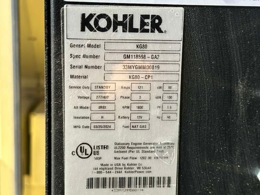 80 KW Kohler #KG80, Natural gas / propane generator set, 277/480 Volts, 83 hours, 126 HP @ 1800 RPM - Image 10