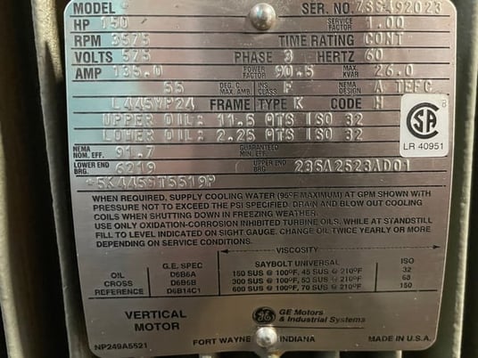 150 HP 3600 RPM General Electric, Frame L445VP24, TEFC BB EXP, 575 Volts, New Surplus - Image 3