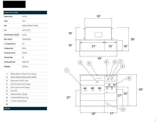 112.5 KVA 24940GrdY Primary, 14400-480Y/277 Secondary, PAD, Recon(2 available, shipment available in 10 days) - Image 2