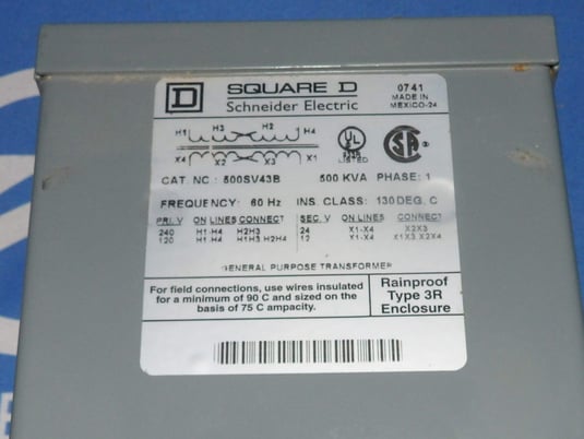 500 KVA 240/120 Primary, 24/12 Secondary, Square D, 500SV43B, transformer, 1 yr warranty - Image 3