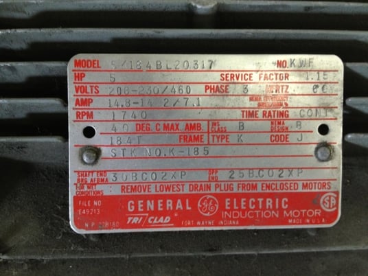 5 HP 1740 RPM General Electric, Frame 184T, TEFC, 208-230/460 Volts (2 available) - Image 1