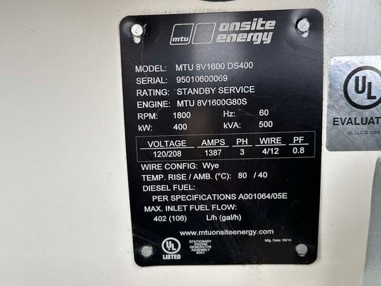 400 KW MTU #DS400, diesel generator set, 120/208 Volts, 448 HP @ 1800 RPM, 8V1600G80S engine, 27 hours, EPA - Image 9