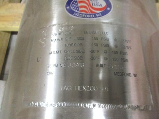 85 sq.ft., 150 psi shell, Enerquip, 150 psi tube, sanitary shell & tube heat exchanger, 375&deg;F, 8" diameter x - Image 5