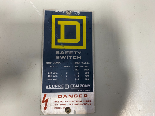 600 Amp. Square D, H366R, Fusible Safety Disconnect Switch, 600VAC, 3PH, NEMA 3R, Type 1 - Image 2