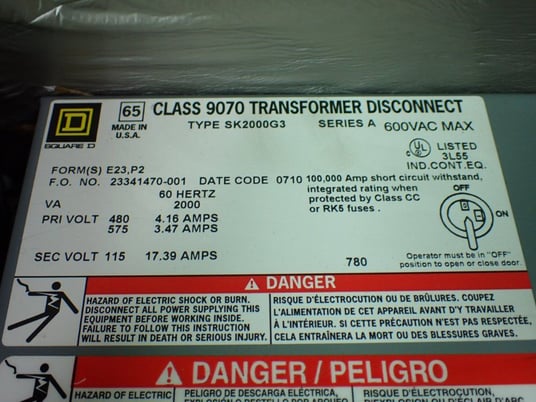 2000 VA, Square D #9070SK2000G3D101, Transformer Disconnect, 1 Phase, 60 Hz, 480/575 V Primary, 115 V - Image 2