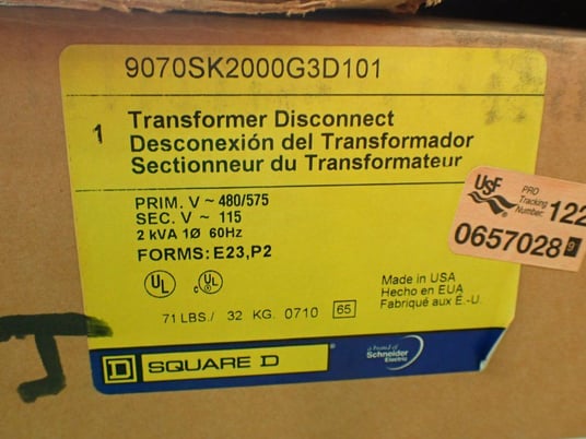 2000 VA, Square D #9070SK2000G3D101, Transformer Disconnect, 1 Phase, 60 Hz, 480/575 V Primary, 115 V - Image 5