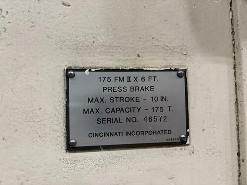 175 Ton, Cincinnati #175FMIIx6', hydraulic press brake, 10" stroke - Image 4