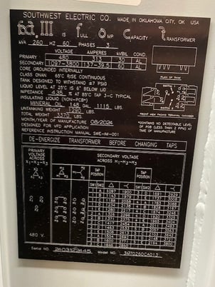 260 KVA 480 Primary, 1097-3800 Secondary, Southwest Electric FACT3, transformer, new, 2024 - Image 6