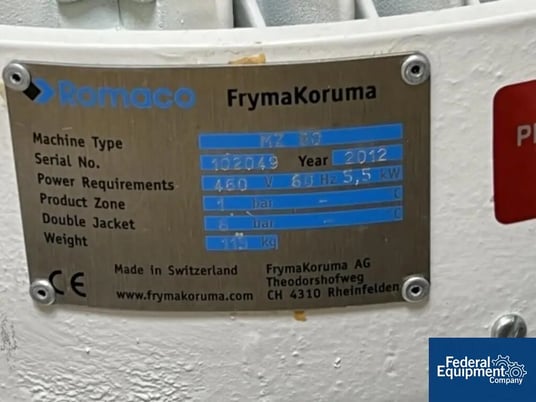 Fryma Koruma #MZ-80, Colloid Mill, jacketed, Stainless Steel hopper, 460 V., 2012 - Image 2