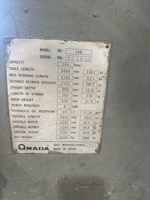 110 Ton, Amada #RG-100, hydraulic press brake, 10' overall, 96" between housing, 3.93"stroke, 3-Axis, 1981 - Image 2