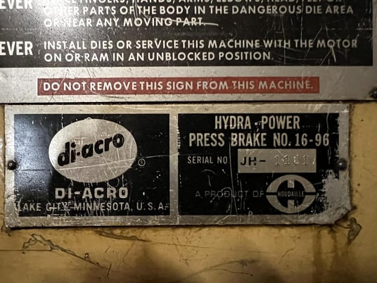 36 Ton, DiAcro #16-96, CNC hydra-mechanical press brake, 8' overall, 62" between housing, 3" throat, foot - Image 4