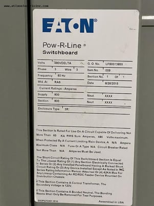 800 Amps, Eaton #POW-R-LINE, 480 Volts Switchboards N3R (6ea) - Image 5