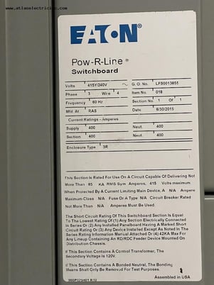 400 Amps, Eaton #POW-R-LINE, Low Voltage Switchboard 415Y/240 Volts, N3R (12ea) - Image 3