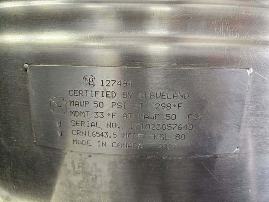 80 gallon World Famous Cleveland Range #KGL-80, stationary, NG self contained steam kettle w/ E-Z lift - Image 10