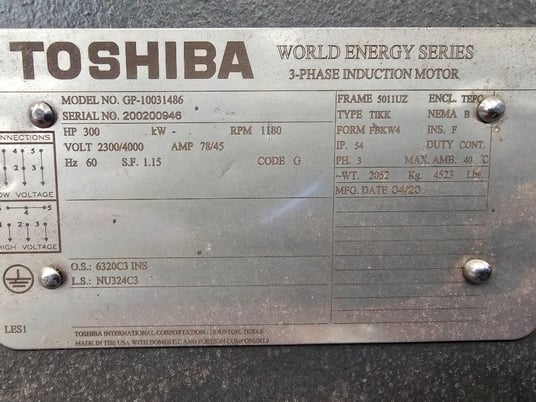 300 HP 1200 RPM Toshiba, Frame 5011UZ TEFC, R/B, 2300/4000 Volts, new surplus - Image 1