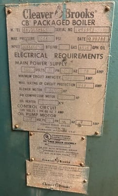 250 HP Cleaver-Brooks #CB-100-200, Packaged Steam Boiler, Natural Gas, 150 PSI, 230 Volts, 10 HP blower, 1981 - Image 2