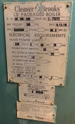 250 HP Cleaver-Brooks #CB-100-200, Packaged Steam Boiler, Natural Gas, 150 PSI, 230 Volts, 10 HP blower, 1981 - Image 3