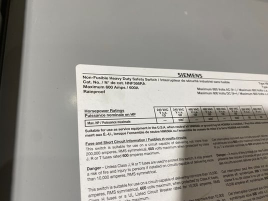 600 Amp. Siemens, HNF366RA, Non-Fusible Disconnect Switch, 600 Volts, 3P, 3R, AS IS - Image 8