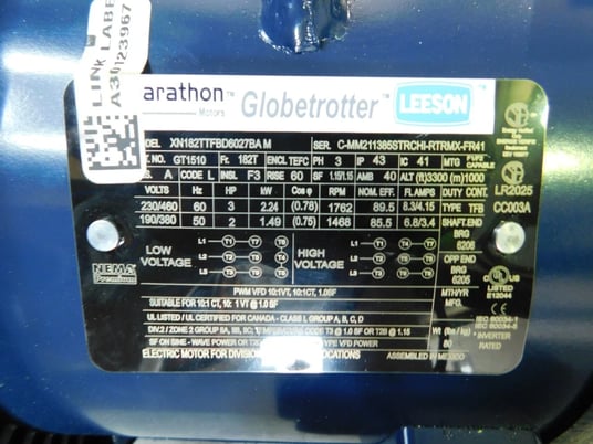 3/2 HP 1762/1468 RPM Marathon Inverter Rated GT1510, Frame 182T, TEFC, 3ph, IP43 NEW - Image 2