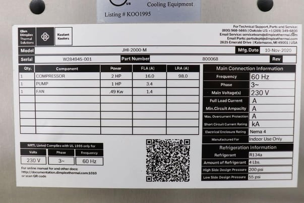 Koolant Koolers #JHI-2000-M, chiller, 2 HP compressor, 1 HP pump, 0.49 KW fan, 230 V., 2020 - Image 7