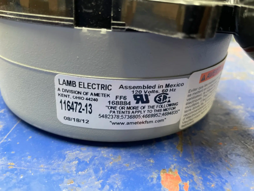 112 cfm, Ametek Lamb Electric #116472-13, Vacuum Motor, 10.7 amps, 2 fan stages - Image 6
