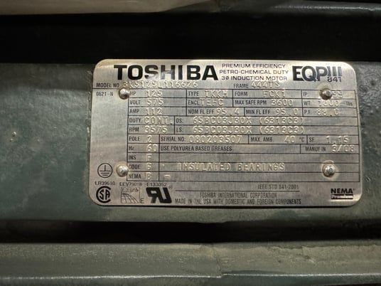 125 HP 3600 RPM Toshiba, Frame 444TS, TEFC, 575 Volts, New surplus - Image 2