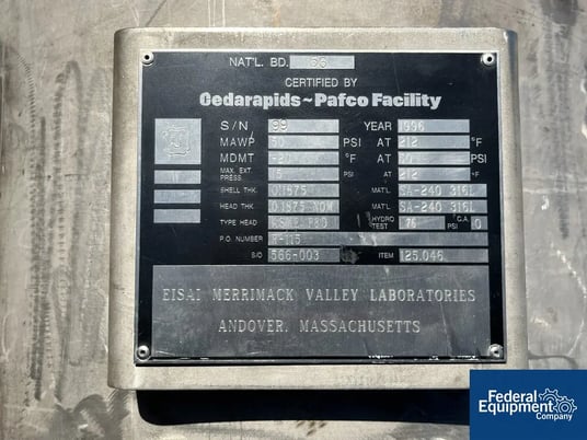 70 gallon Cedarapids-Pafco Recevier Tank, 316L Stainless Steel, 30" diameter x 21" straight side, dish top & - Image 2