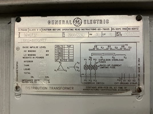 2000/2240 KVA 13800 Primary, 480Y/277 Secondary, General Electric, padmount transformer - Image 8