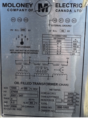 1000 KVA 27600 Primary, 600Y/347 Secondary, Moloney, oil filled transformer - Image 4
