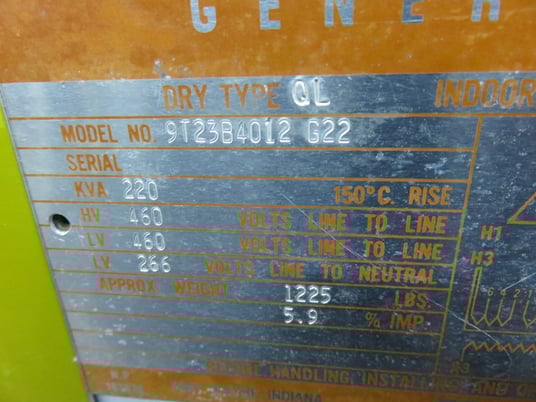 220 KVA 460 Primary, 460-266 Secondary, General Electric 9T23B4012, G22, type QL, 1 yr warranty - Image 3
