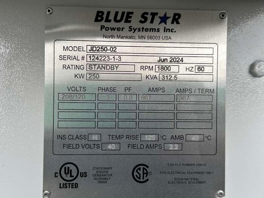 250 KW Blue Star Power Systems #JD250-02, diesel generator set, 120/208 Volts, 422 HP @ 1800 RPM, John Deere - Image 9