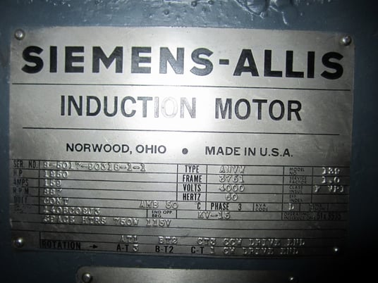 1250 HP 900 RPM Siemens, Frame 3751, weather protected enclosure type 2, VSS, vertical solid shaft, surplus - Image 1