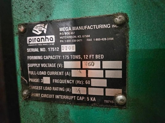 175 Ton, Piranha #175-12, Hydraulic Press Brake, 12' overall, No Back Gauge, Video U/P, Loaded, 2004 - Image 3