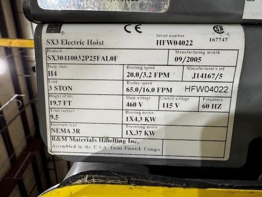 3 Ton, R & M #Spacemaster-SX3, Electric Hoist, 19.7' lift height, NEMA 3R, 460 V., 2005 - Image 10