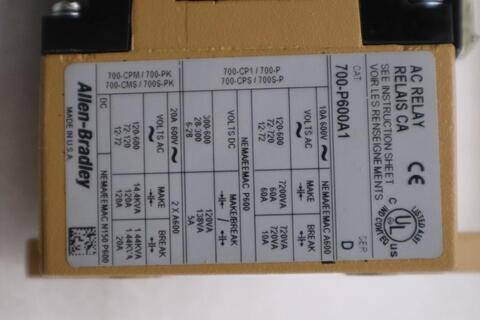 NEW OPEN BOX Allen-Bradley Allen-Bradley 700-P600A1 Drive AC Relay 600V Series A STK K3969C - Image 2