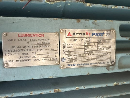 125 HP 3556 RPM Teco Westinghouse #PDH12502TE2, Frame 444TS, 3ph, 460 Volts - Image 2