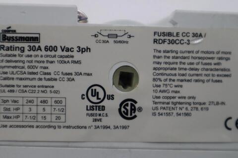 Bussmann rdf30cc-3 fusible disconnect switch 30a 600vac 3ph stk h1729 - Image 3