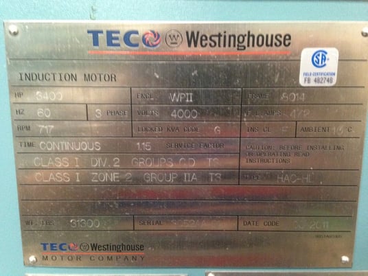 3400 HP 720 RPM Teco Westinghouse, Frame 8014, weather protected enclosure type 2, VSS, vertical solid shaft - Image 1