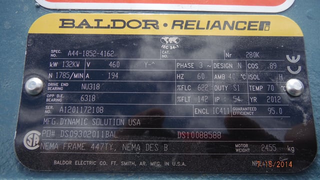 150 HP 1800 RPM Baldor Reliance, Frame 447TY, TEFC BB, 460 Volts, New Surplus - Image 3