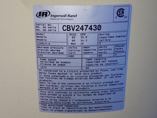 14 cfm, 175 psi, Ingersoll-Rand #2340L5-V, Air Compressor, 60 gallon Tank, 5 HP, 2940/3520 RPM, 230/380/460 V - Image 8