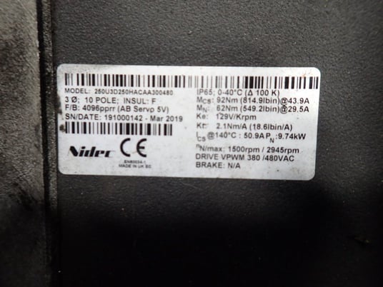 9.74 KW Nidec #250U3D250HACAA300480, Servo Motor, 3 Phase, 10 Pole, 1500/2945 RPM, 380/480 VAC, 2019 - Image 5