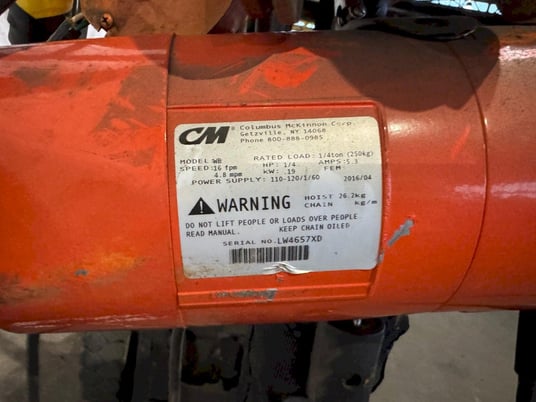 1/4 Ton, CM Valuestar, hoist, 110 V., 16 FPM, trolley wheels, 2016 - Image 3