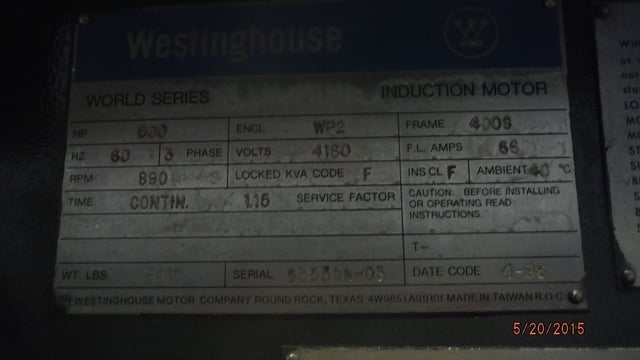 500 HP 900 RPM Westinghouse, Frame 4008, WPIIBB, 4160 Volts - Image 1