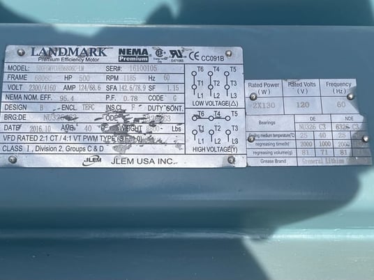 500 HP 1200 RPM Landmark, Frame 6806C, TEFC BB, 2300/4160 Volts, New Surplus - Image 3