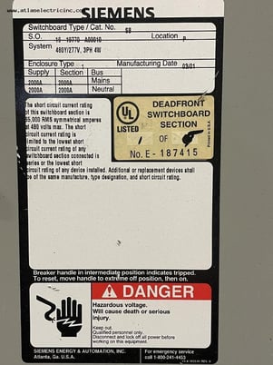 2000 Amps, Siemens #SB, Low Voltage Switchboard, 480Y/277 Volts - Image 3