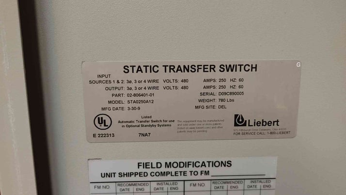 250 Amp. Liebert, Transfer Switch, 4-Wire, 480 Volts, 3PH - Image 9