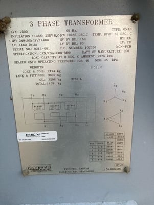 7500 KVA, 24940/14400 Primary, 4160 DELTA Secondary Carte, transformer, 3ph, Onan, 2001 - Image 2