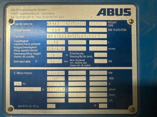 10 Ton, EMH bridge crane & ABBUS hoist, 45' span, 1996 - Image 6