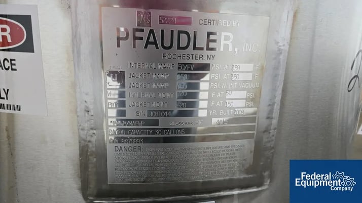 30 gallon Pfaudler, Glass-Lined Reactor, Stainless Steel, dish top, 50 psi internal, 150 psi jacket, 66" wet - Image 2