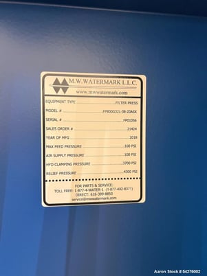 MW Watermark #FP800G32L, Filter Press, 38" x 800mm Plates, shifter, 2018 - Image 5